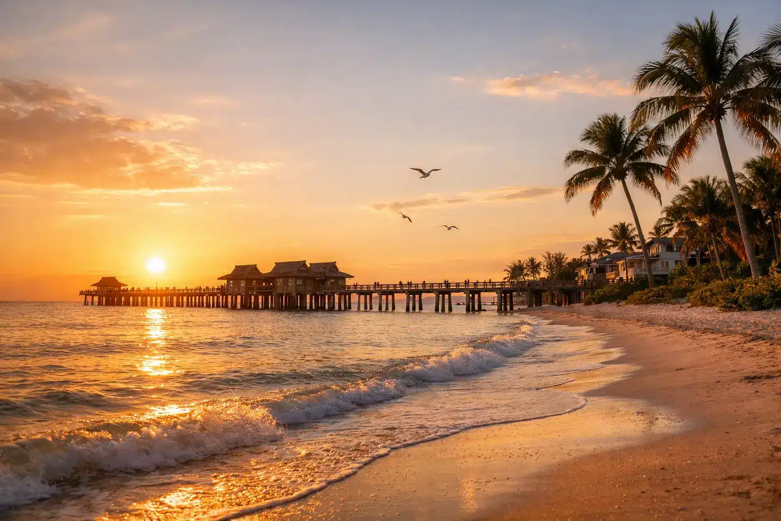 Golden sunset over the Naples pier with gentle waves, palm trees, and a long wooden pier stretching out into the sea. Three birds fly in the colorful sky above the water, capturing the essence of when is golden hour for photos—perfect for breathtaking beach photography.